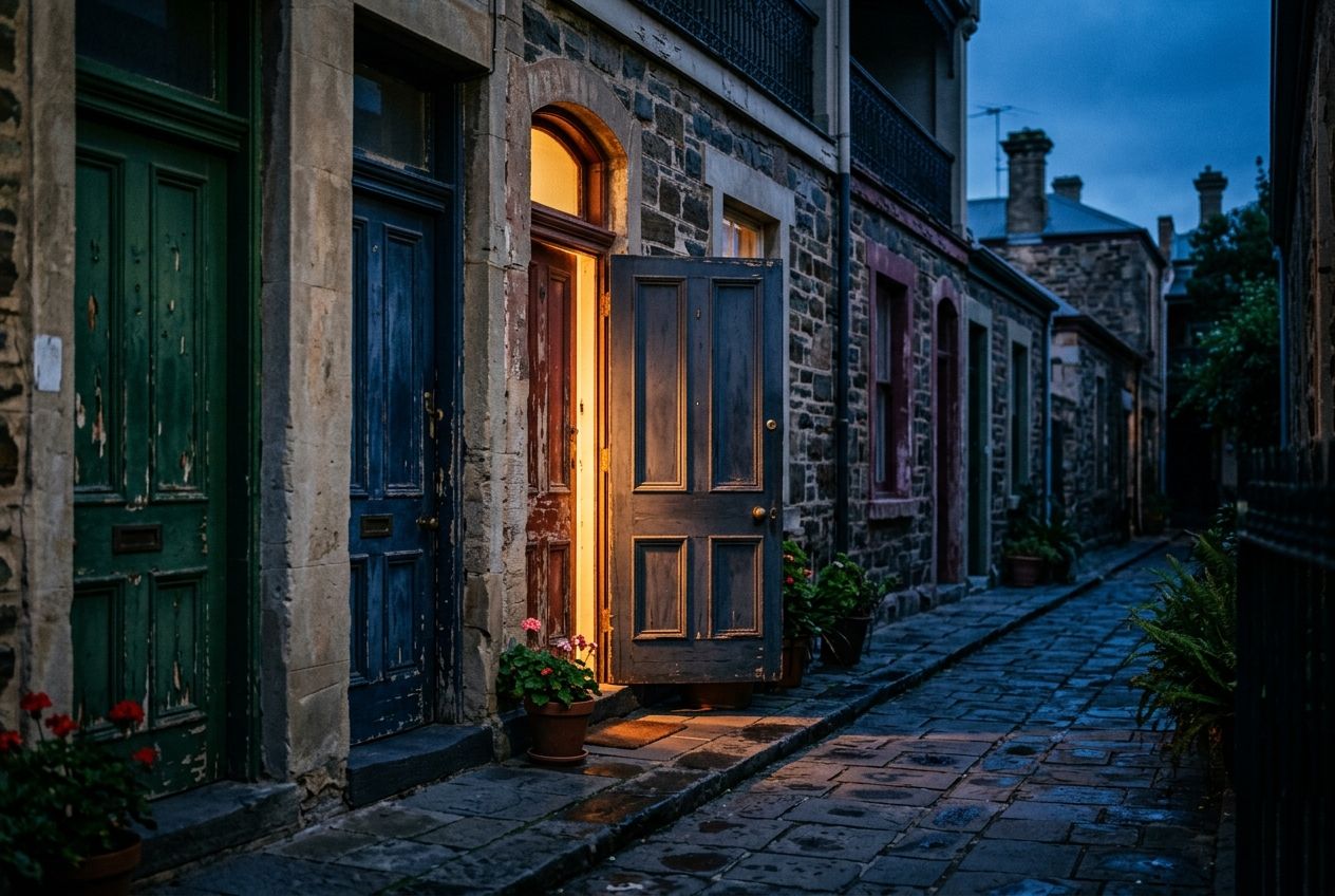 A row of weathered front doors along a bluestone terrace at dusk, warm light spilling from one open doorway.