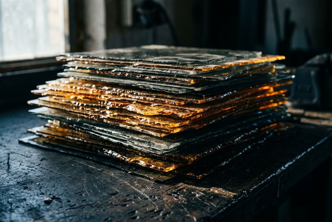 Layers of hand-cut amber and grey glass stacked on a dark workbench, raking light catching every edge.