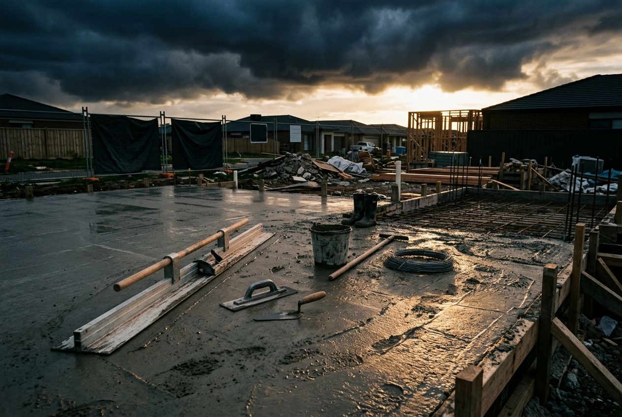 A freshly poured concrete slab on a suburban building site, tools left mid-job, under a breaking storm sky.